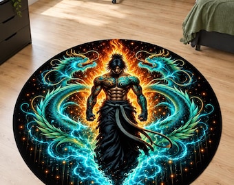 Dragon Warrior Rug, Washable Round Carpet, Fantasy Martial Arts Decor for Gaming Room Bedroom
