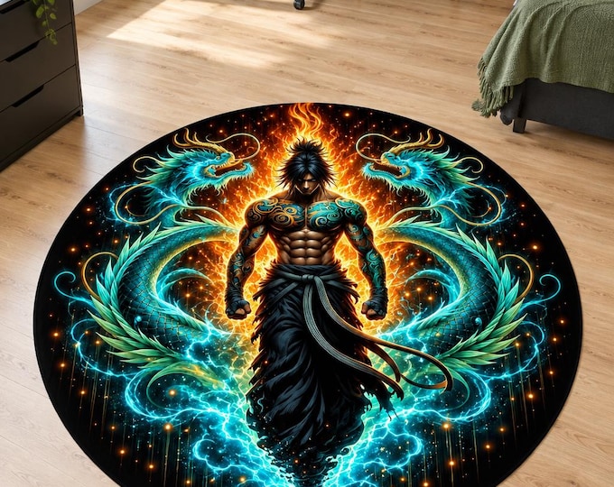 Dragon Warrior Rug, Washable Round Carpet, Fantasy Martial Arts Decor for Gaming Room Bedroom