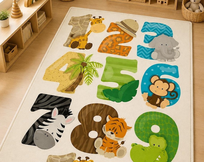 Safari Animals Numbers Rug: Educational Play Mat for Kids Room