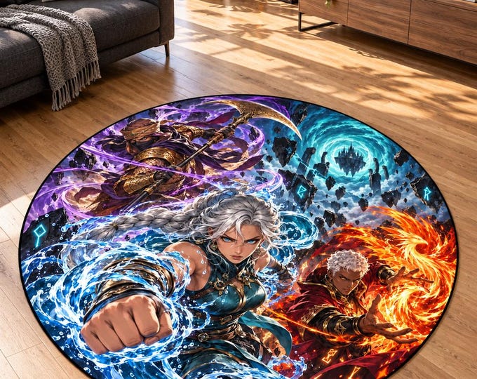 Fantasy Warrior Rug, Round Elemental Battle Carpet, Washable Anime Style Gaming Room Floor Decor