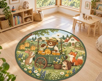 Honey Bear Rug, Round Woodland Nursery Carpet, Washable Kids Room Decor