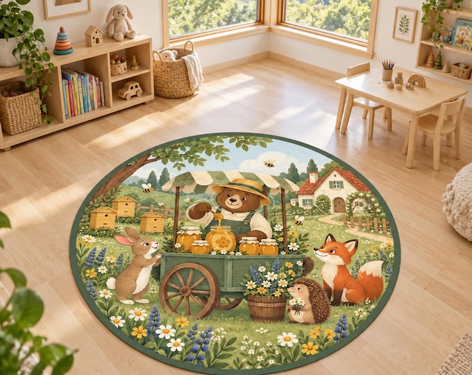 Honey Bear Rug, Round Woodland Nursery Carpet, Washable Kids Room Decor
