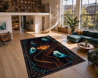 Ghost Library Rug, Reading Pumpkin Chandelier Carpet for Kids Room Halloween Gothic Home Decor