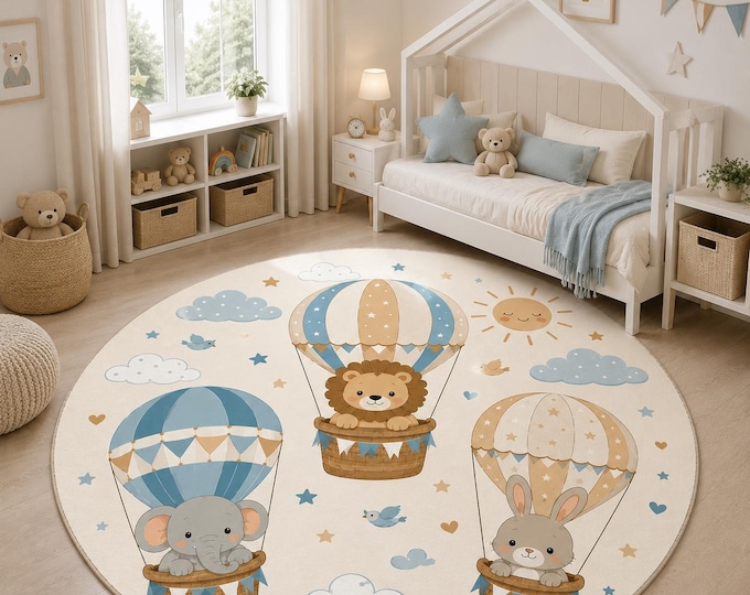 Hot Air Balloon Animal Round Nursery Rug, Pastel Playroom Carpet, Neutral Baby Decor