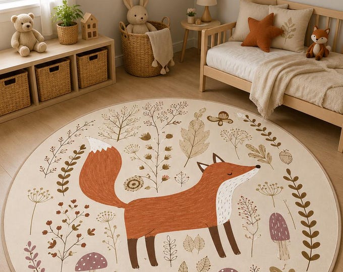 Woodland Fox Rug, Round Botanical Carpet, Boho Living Room Decor, Nature Inspired Bedroom Accent