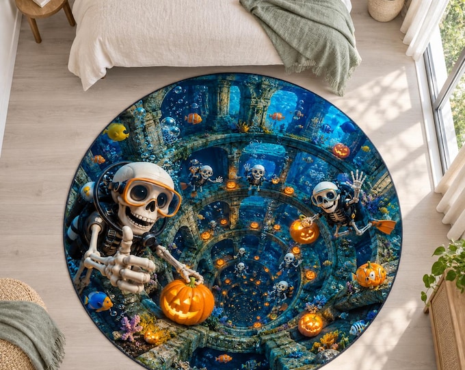 Scuba Skeleton Rug, Round Digitally Printed Carpet, Underwater Ruins with Fish and Pumpkins