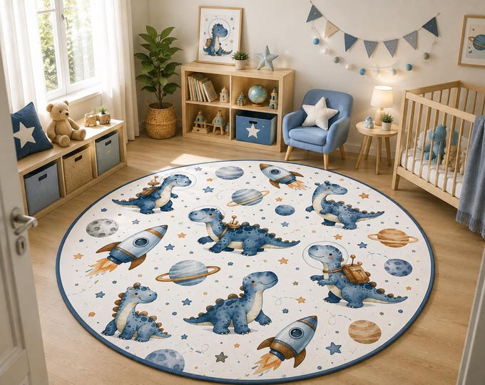Round Space Dinosaur Watercolor Rug, Nursery Playroom Kids Room