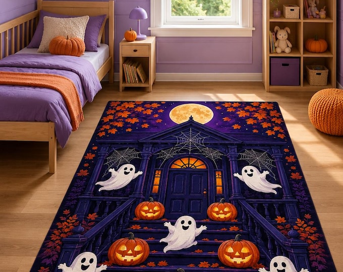 Happy Ghost Rug, Glowing Pumpkin Porch Carpet for Kids Bedroom Playroom Halloween Decor Gift