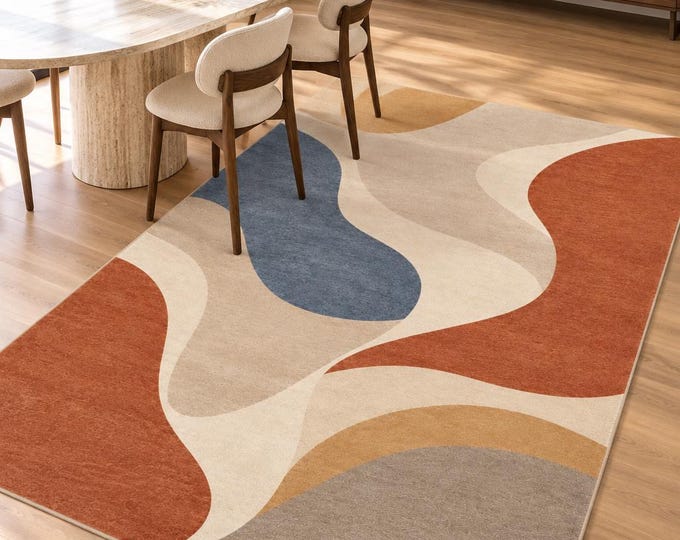 Abstract Area Rug, Modern Geometric Carpet, Terracotta Boho Decor, Mid Century Living Room Accent