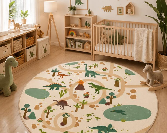 Dinosaur Play Rug, Round Kids Carpet with Green Ponds, Winding Trails and Volcano Scene