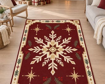 Burgundy Christmas Rug, Cream Snowflake and Star Pattern, Digitally Printed Festive Living Room Decor