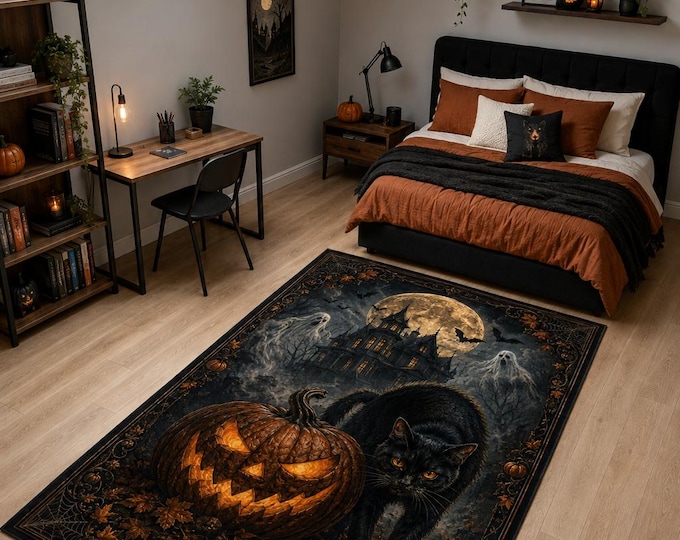 Haunted Cat Rug, Black Feline Angry Pumpkin Carpet for Gothic Bedroom Halloween Decor Gift