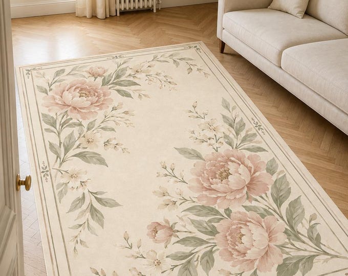 Sage Peony Botanical Rug: Cottagecore Floral Area Carpet (Microfiber Polyester)