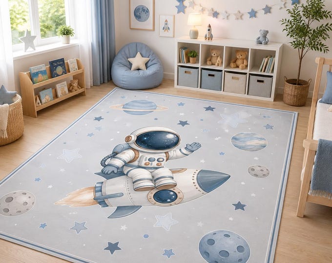 Astronaut Rocket Rug, Space Nursery Carpet, Planet Kids Room Decor, Galaxy Playroom Mat, Moon Stars