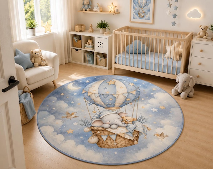 Hot Air Balloon Rug, Washable Round Nursery Carpet, Blue Elephant Decor for Baby Bedroom