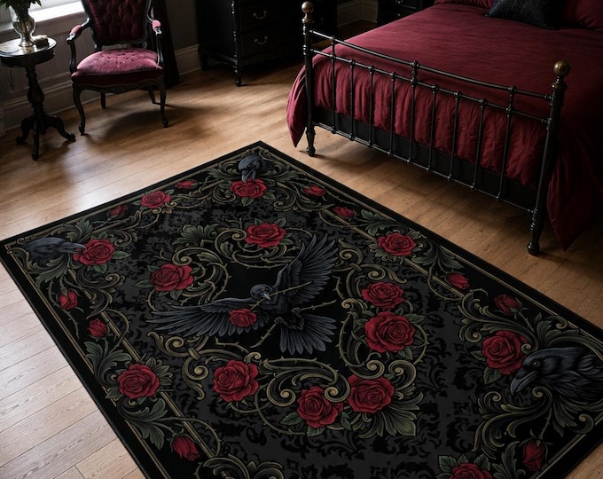 Gothic Raven Rose Rug, Dark Floral Victorian Carpet, Black Bird Digital Print Home Decor
