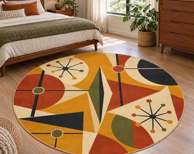 Round Retro Geometric Rug, Mid Century Living Room Decor, Atomic Pattern Circle Carpet, Vintage Style Bedroom Accent, Decorative Room Carpet
