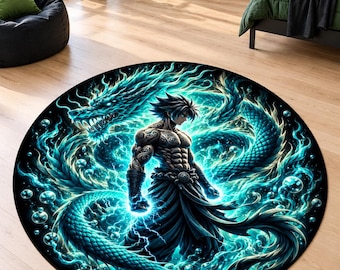 Turquoise Dragon Rug, Tattooed Thunder Fighter, Washable Gaming Room Carpet, Colorful Teen Bedroom Floor Decor