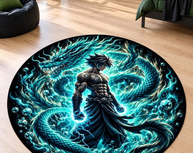 Turquoise Dragon Rug, Tattooed Thunder Fighter, Washable Gaming Room Carpet, Colorful Teen Bedroom Floor Decor