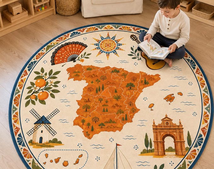 Spanish Map Round Rug, Mediterranean Kids Playroom Carpet, Educational Nursery Decor