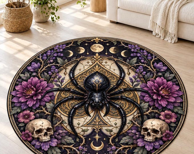 Gothic Spider Rug, Washable Round Area Carpet, Colorful Printed Floor Decor for Home and Bedroom