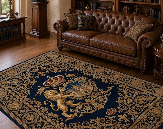 Royal Crest Lion Rug: Blue Gold Medieval Heraldic Carpet (Digital Print)