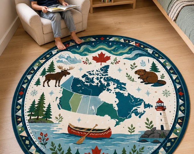 Canada Map Rug,Round Kids Carpet,Educational Nursery,Montessori Playroom,Canadian Wildlife Decor