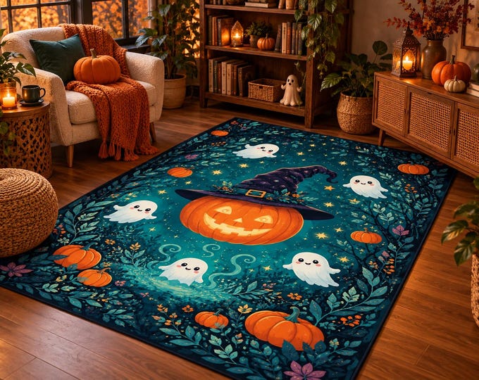 Cute Ghost Rug, Magical Pumpkin Witch, Enchanted Teal Forest, Whimsical Halloween Kids Room Area