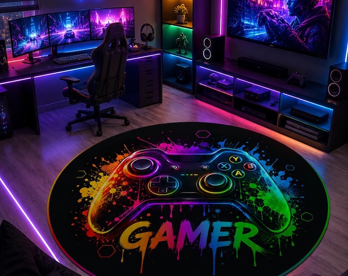 Gamer Skull Round Rug, Neon Gaming Room Decor, RGB Teen Bedroom Carpet