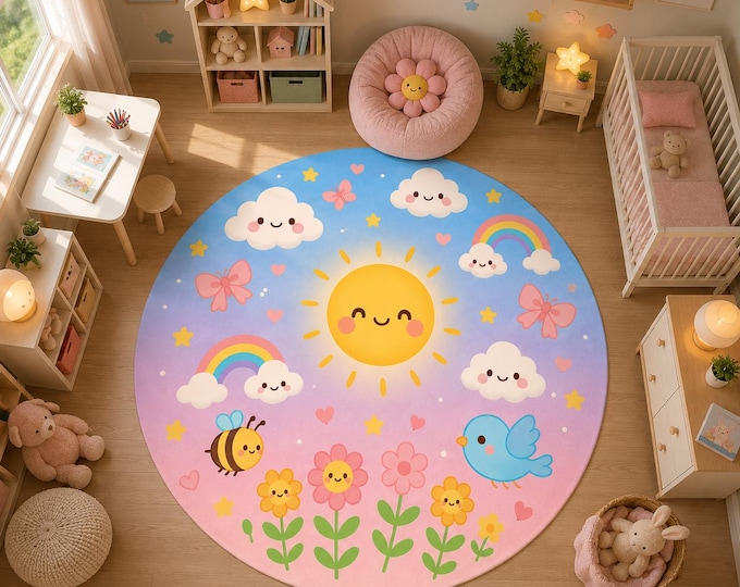 Pastel Sun Rainbow Cloud Nursery Rug, Round Playroom Carpet, Kawaii Baby Decor