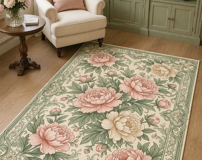 Vintage Peony Floral Rug – Sage Green Botanical Print, Microfiber Polyester Home Decor