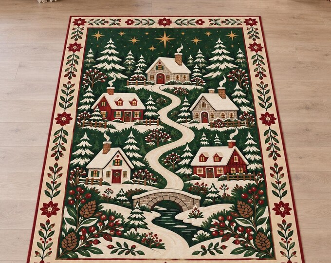 Winter Village Christmas Rug with Stone Bridge Scene, Digitally Printed Festive Living Room Decor