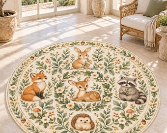 Woodland Animal Rug, Round Nursery Decor, Botanical Carpet, Digital Print, Forest Friends, Kids Playroom