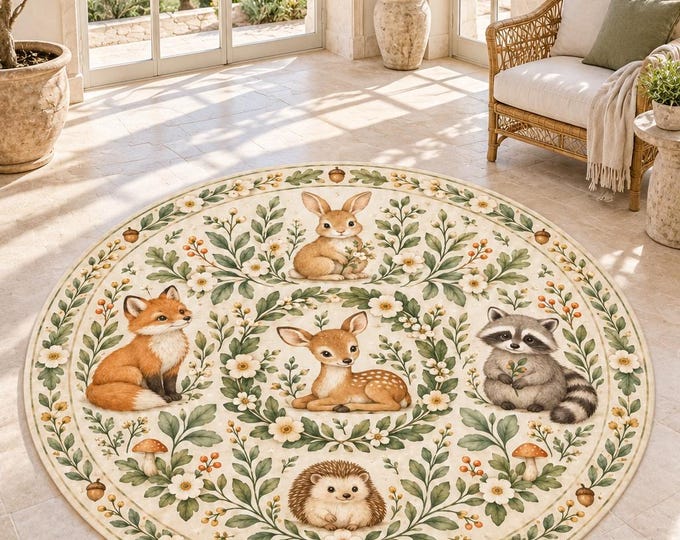 Woodland Animal Rug, Round Nursery Decor, Botanical Carpet, Digital Print, Forest Friends, Kids Playroom