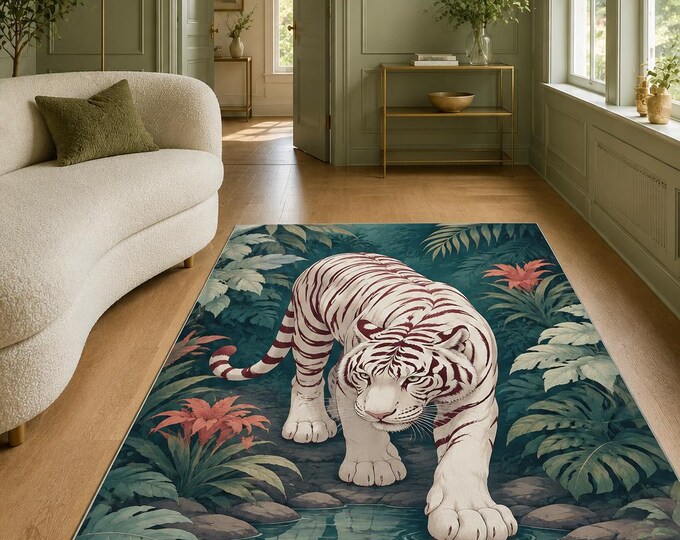 White Tiger Rug, Tropical Jungle, Botanical Decor, Wildlife Art, Living Room Carpet, Digital Print