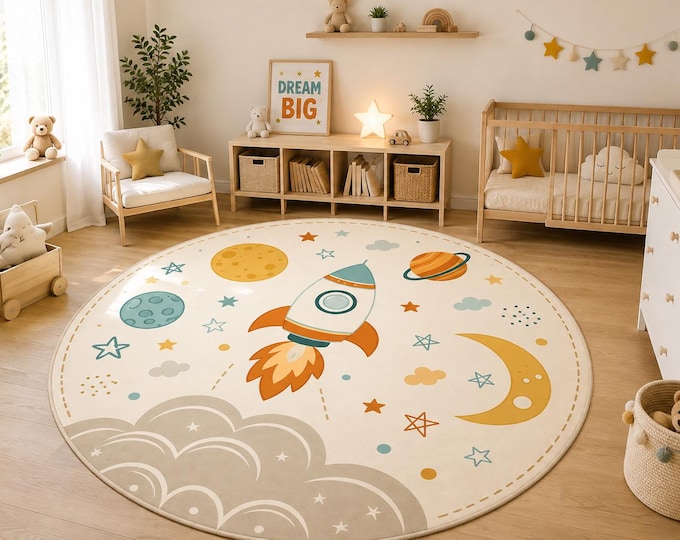 Round Rocket Ship Nursery Rug – Space Planets, Moon, Stars Play Mat