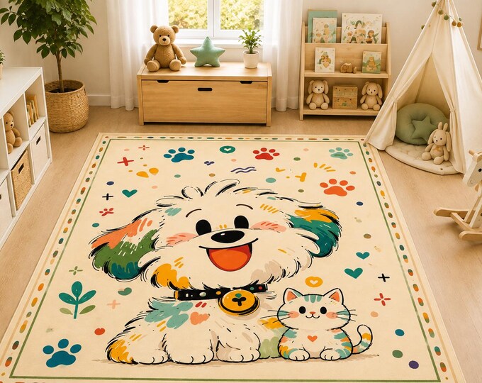 Playful Puppy and Kitten Area Rug – Microfiber Polyester Kids Playroom Carpet