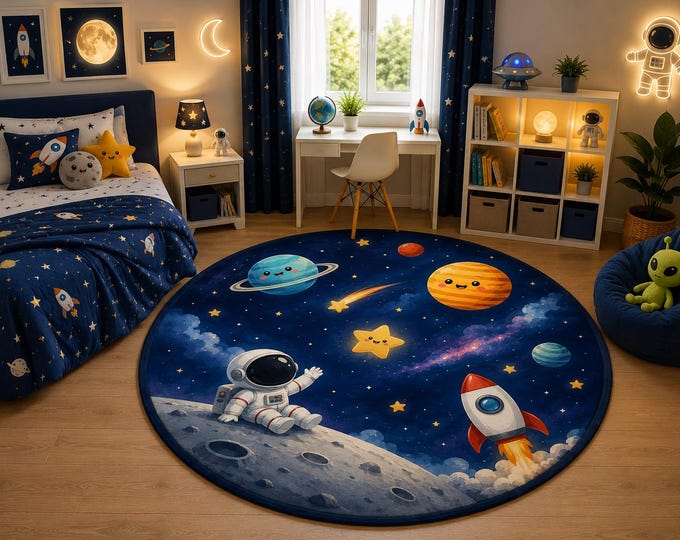 Round Space Rug, Astronaut, Planets, Rocket, Galaxy Nursery Decor
