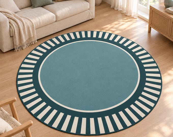 Teal Round Rug, Striped Border Design, Digitally Printed Modern Area Carpet for Living Room