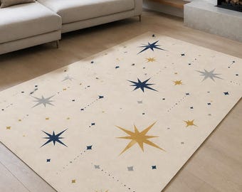 Atomic Starburst Area Rug, Navy Gold Gray Mid-Century Floor Decor