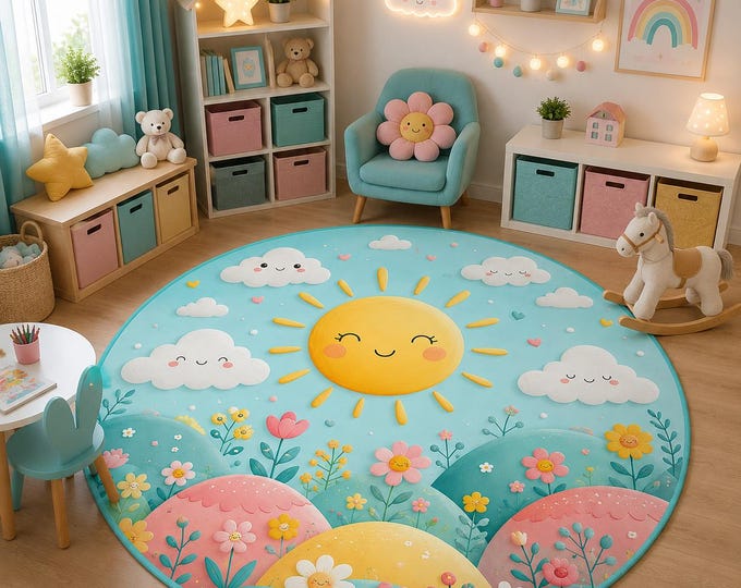 Sun Nursery Rug, Round Printed Carpet with Smiling Clouds, Pastel Flowers and Colorful Hills