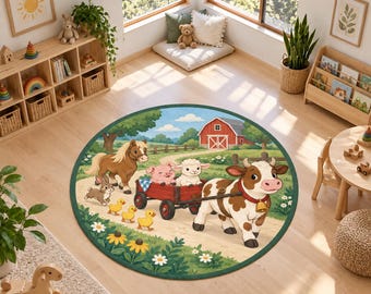 Farm Animal Rug, Round Barnyard Nursery Carpet, Washable Kids Decor