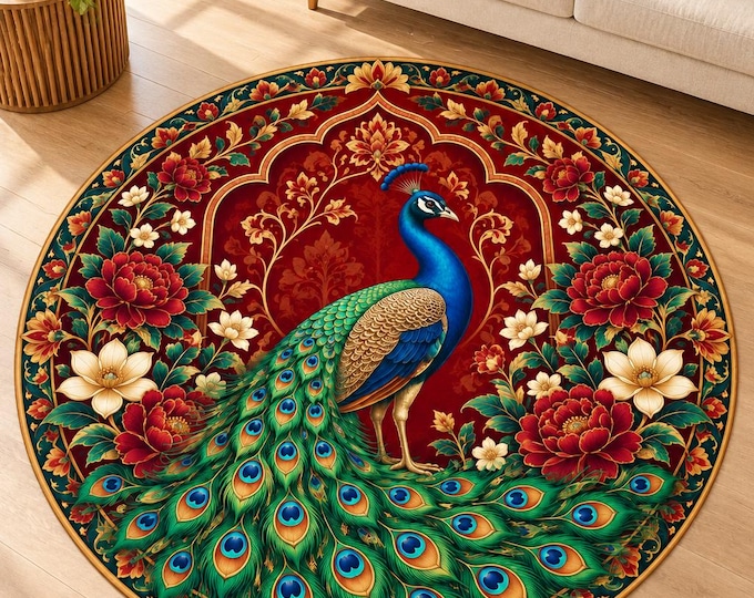 Royal Peacock Rug, Washable Round Area Carpet, Colorful Printed Floor Decor for Home and Bedroom
