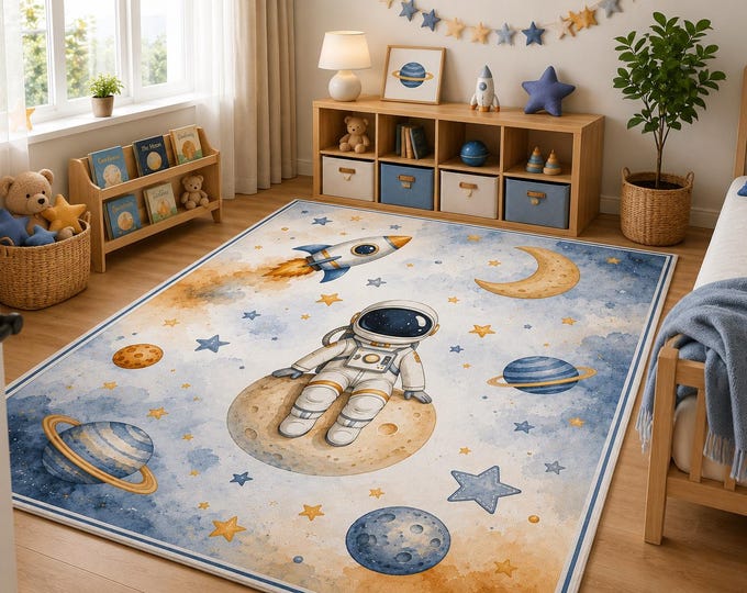 Astronaut Kids Rug, Space Nursery Carpet, Galaxy Playroom Decor, Planet Moon Bedroom Mat