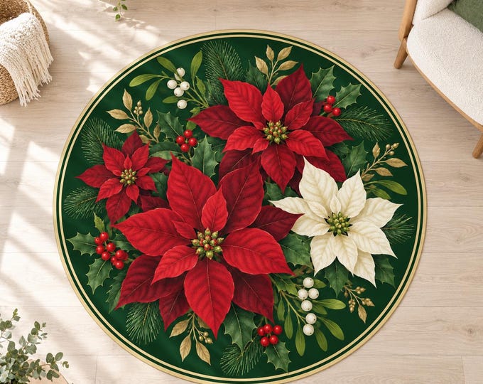 Poinsettia Rug, Round Forest Green Digital Print with Floral Bouquet for Festive Living Rooms