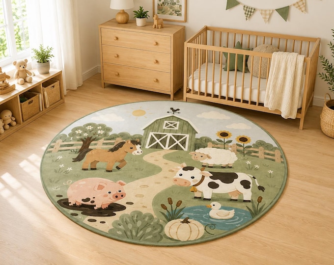 Farm Animal Rug, Round Nursery Carpet, Barnyard Kids Room Decor, Washable Playroom Floor Mat