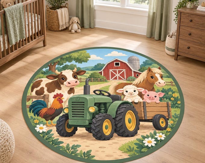 Tractor Nursery Rug, Round Farm Carpet, Washable Boys Playroom Decor