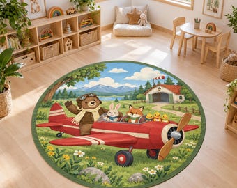 Airplane Nursery Rug, Round Woodland Carpet, Washable Kids Room Decor