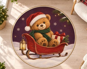 Teddy Bear Rug, Round Plum Digital Print with Wooden Sleigh for Festive Living Rooms