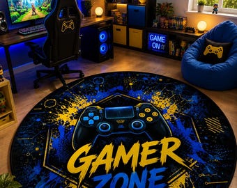 Round Gamer Zone Rug, Neon Game Controller Carpet, Teen Bedroom Decor